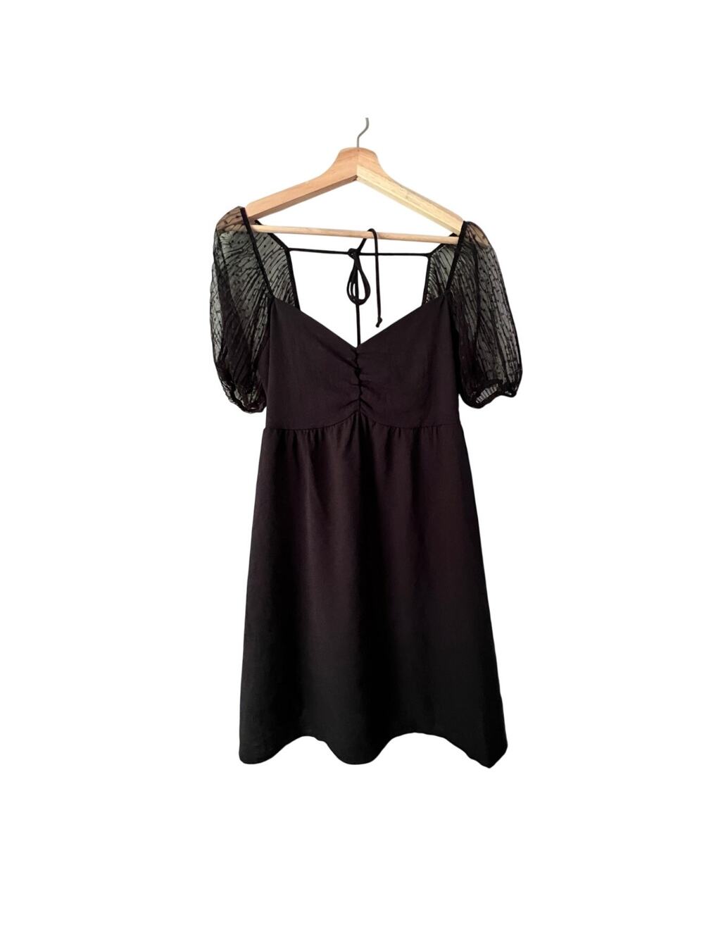 Babydoll Black Knee Length Dress with Mesh Sleeves Size M Tie Back